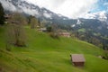 Beautiful scene of fresh green field with wooden houses on mountain