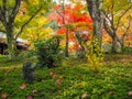 Beautiful scene of garden with colorful maple trees and stone buddha statue jiso in japanese temple, Kyoto Royalty Free Stock Photo