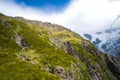 Beautiful scene green nature and rocky mountain with glacier over the Mt Cook National park (Muller hut track) I Royalty Free Stock Photo