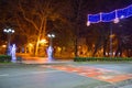 Beautiful scene of Kutaisi in a New Year night. City night park in autumn with paths strewn Royalty Free Stock Photo