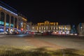 Beautiful scene of Kutaisi in a New Year night. City night park in autumn with paths strewn Royalty Free Stock Photo