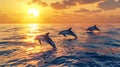 Three dolphins leaping gracefully over ocean waves during a vibrant sunset Royalty Free Stock Photo