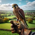 Beautiful scene of a falcon seated on falconer\'s gloved hand