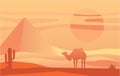 Beautiful scene of nature, peaceful desert landscape with camel at evening time, template for banner, poster, magazine