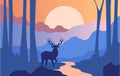 Beautiful scene of nature, peaceful landscape with forest and deer at evening time, template for banner, poster