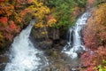 Beautiful scene of Ryuzu waterfall with colorful autumn trees for background