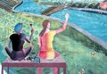 Closeup of two women painting a world on walls of building, Worcester, Mass, spring, 2020