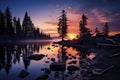 Sun Setting Over Lake With Rocks and Trees Royalty Free Stock Photo