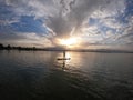 Beautiful scene of sunset and SUP stand up paddle board at Yuehai lake in Yinchuan, China