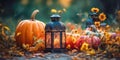 Beautiful scene with vintage lantern in autumn background.