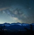 Beautiful scene of vista Starry night sky over the rocky mountains, for wallpaper