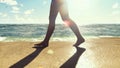 Beautiful scene of a woman walking on a beach on a tropical island. 3D Rendering