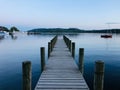 Beautiful scene of a wooden walkway pier on Windermere
Lake with blue sky in England Royalty Free Stock Photo