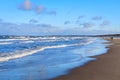 Beautiful scenery of Baltic Sea beach in Sobieszewo at snowy winter, Poland