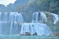 Beautiful Scenery of Bamboo Rafts in front of Ban Gioc Waterfall or Detian Waterfall