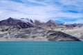 Blue lake, snow mountain, white clouds, blue sky