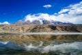 Blue lake, snow mountain, white clouds, blue sky