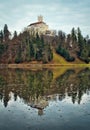 Beautiful scenery of Castle trakoscan on the hill by the lake in Croatia, county hrvatsko zagorje