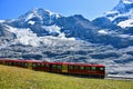 Beautiful scenery with cogwheel red train of the famous Jungfrau Railway