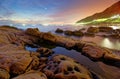 Beautiful scenery of dawning sky by rocky beach in northern Taiwan