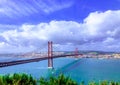 Beautiful scenery of the 25 de Abril bridge in Portugal under the breathtaking cloud formations Royalty Free Stock Photo