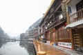 Beautiful scenery early morning view of Fenghuang village, a traditional houses along the river in Hunan, China