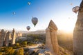 Beautiful scenery flight of balloons in the mountains of Cappadocia in love valley.