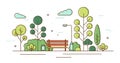 Beautiful scenery of garden square with trees, bushes, benches and street light. Colorful line art city park landscape