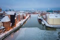 Beautiful scenery of Gdansk over Motlawa river at snowy winter, Poland Royalty Free Stock Photo