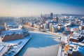 Beautiful scenery of Gdansk over Motlawa river at snowy winter, Poland Royalty Free Stock Photo