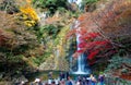 Beautiful scenery of a grand waterfall tumbling down the rocky cliff into a green pond surrounded by colorful autumn foliage Royalty Free Stock Photo