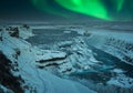 Beautiful scenery of Gullfoss falls with Aurora borealis in Iceland