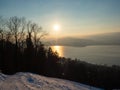 Beautiful late afternoon atmosphere during sunset high above lake Zug, Switzerland Royalty Free Stock Photo