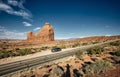 Beautiful scenery of a highway in a canyon landscape in Arches National Park, Utah - USA