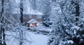 Beautiful scenery Of a house with lighting in a snowy forest. Royalty Free Stock Photo