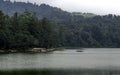 Beautiful scenery of huge lake, with trees, and mist create calming atmosphere