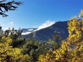 Beautiful scenery Italy. Mountain valley landscape outdoor autumn yellow trees. Cypress and pines countryside panorama