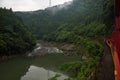 Beautiful scenery of the Katsura river seen from the red wagons of the Sagano Scenic Railway Royalty Free Stock Photo