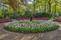 Beautiful scenery in Keukenhof royal flower garden in the Netherlands with beautiful flowerbeds and no people