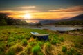 Beautiful scenery of the Killarney lake with boat at sunset in county Kerry, Ireland Royalty Free Stock Photo