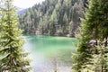 Beautiful scenery of a lake surrounded by fir trees with high rocky mountains in the background Royalty Free Stock Photo