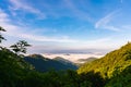 Beautiful scenery landscape of rainforest on mountain with mist and blue sky in morning light Royalty Free Stock Photo