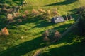 Beautiful scenery landscape Romania Holbav village mountains hills fields foggy morning Royalty Free Stock Photo