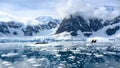 Beautiful scenery with leopard seal on ice floe and small zodiac with tourists in Paradise Bay, Antarctica