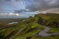 Beautiful scenery mountain road at Quiraing, Isle of Skye, Scotland. Royalty Free Stock Photo