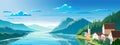Beautiful scenery, mountain lake and a houses on the shore Panoramic view Royalty Free Stock Photo