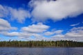 Beautiful scenery from north of Europe. End of summer, landscape from Finland. Pine forest coast with lake and dark blue sky with Royalty Free Stock Photo