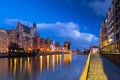 Beautiful scenery of the old town in Gdansk over Motlawa river at dawn, Poland Royalty Free Stock Photo