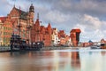 Beautiful scenery of the old town in Gdansk over Motlawa river at dawn, Poland Royalty Free Stock Photo