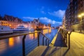 Beautiful scenery of the old town in Gdansk over Motlawa river at dawn, Poland Royalty Free Stock Photo